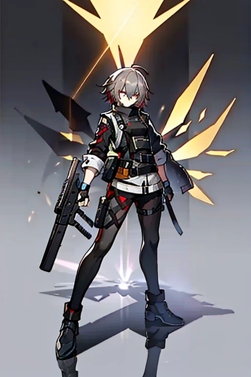 (masterpiece), best quality, solo, arknights design, arknights character, arknights style, dynamic pose, full body, arknights operator, lean body, toned body, Ash gray hair, white halo, sharp eyes, gray eyes, pale skin, medium height, dark, durable pants, reinforced jacket, vest, boots, pistol holster, pistol strap, combat knife, bangs between eyes, man, young man, boy, male, militant, holographic angular shaped wings, ashes, black smoke from behind, black silence, night, dark background, orange yellowish lights, golden trims, gray clothing, dark clothing