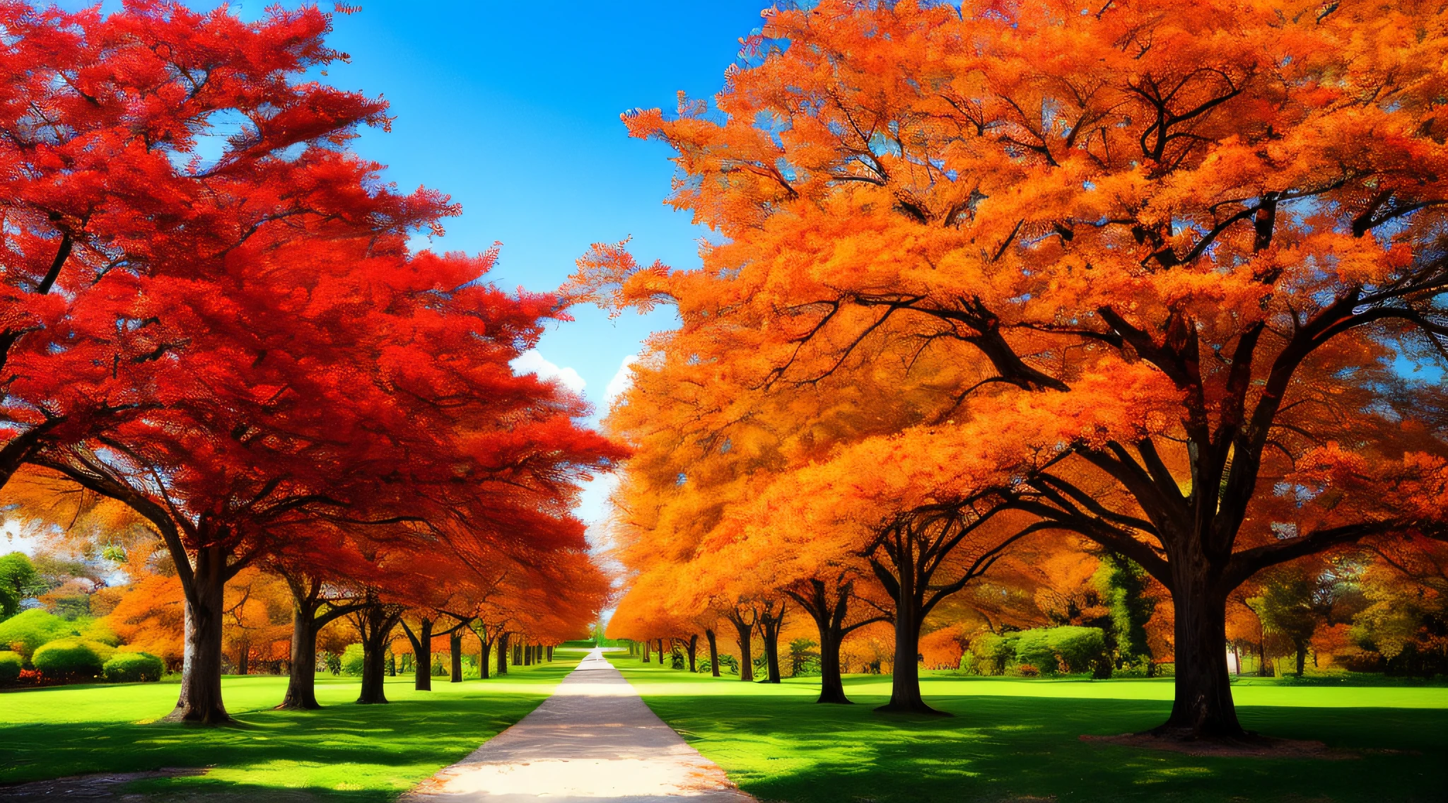 Generate a landscape image of trees covered with colorful leaves。The shooting angle should start from the front，Highlight the trees in the foreground。Focus on red、orange harmonious leaves。Center the image，Emphasize the beauty of feature trees。The desired style is realistic，Lines that define the shape of the tree and the details of the leaves。The image should be black and white，There is no color，with banksy，Impressionistic style，Monet style。