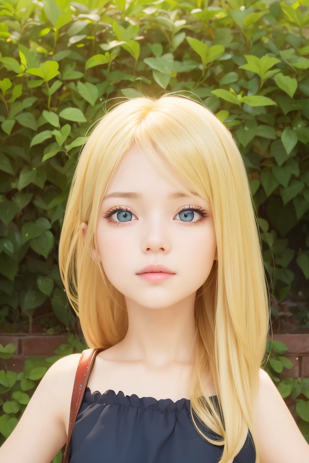 A girl with realistic long blonde hair, (same realistic hairstyle), realistic pretty+cute face, realistic cool expression, adapt the same realistic clothes, realistic light, realistic shadows, realistic background, good image quality, very good image results, 4k, ultra detailed, realistic,Realistic red bag