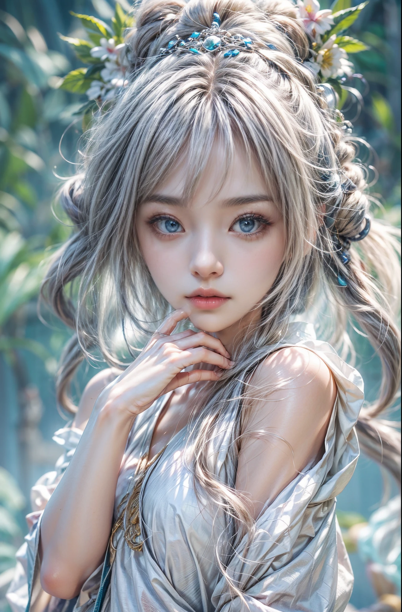 (masutepiece:1.Photoreal Stick:1.4, 8K), top-quality, ​masterpiece, 超A high resolution, Perfect dynamic composition, Professional camera work, Grow Light Effect, Mystical portrait, Cinematic Light, Highly detailed skin and facial texture:1.3, The ultra-detailliert, A detailed eye, (Deities々Feeling:1.25, myterious:1.2, Fanciful:1.2, majestueux:1.2), 1girl in, 25-years old, cute and sexy slim goddess, Fair skin, (Calm:0.9, Totally captivates you:1.0), (japanese miko costume:1.3 off shoulder), (voluptuous breasts:0.9), (Backshots), (A beautiful Blue eyes, Eyes that feel beautiful and gentle:0.85), (A mouthfeel that feels beautiful eros:0.85), ((Too cute beauty:0.9)), Fantastic background