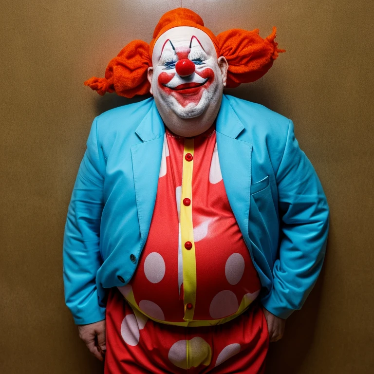 clown guy gets fat. he got as fat as he could'Stand up. his body became round. the reason he gained weight、'Full of cake.