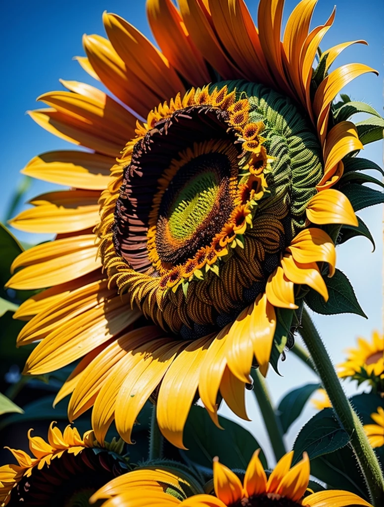 (giant,monstrous sunflowers),(oil painting),(detailed petals,impressive size,striking colors),*(best quality,highres:1.2),(vibrant,colorful,eye-catching),(soft golden sunlight)