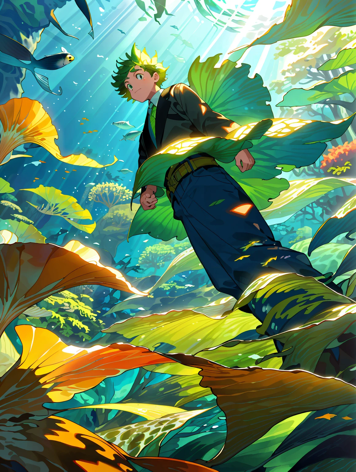 (masterpiece, best quality: 1.1), wide angle, from below, (white cliff), underwater looking up, sun shines down into bottom revealing bright green kelp forest, kelps are tall like trees compared to boy, with fish as if they were flying, in the center a boy walks into the kelp forest with a sea shell on his back look up at the sun rays,