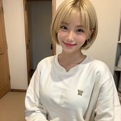 ample breasts、Tanned Gal、inside in room、white top and bottom sweatshirt、Short Hair Gal、Blonde Gal、Blonde Shorthair Gal、Blonde Gal、The Japan Gal、32years old、femele、gals、The best smile、