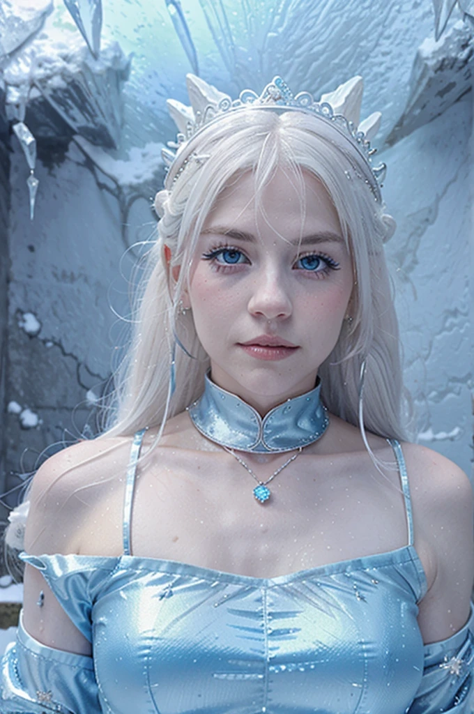 White skin coloralida, ((White-haired woman)), dressed in a blue outfit with white details, wearing a pointed ice crown, Queen of ice and storm, Ice witch, Ice Queen, Beautiful witch of ancient frost, Snow Queen, surrounded by ice, Ice Wizard, in a frozen cave, Sucubuedieval carved like a goddess, ((shiny blue eyes))