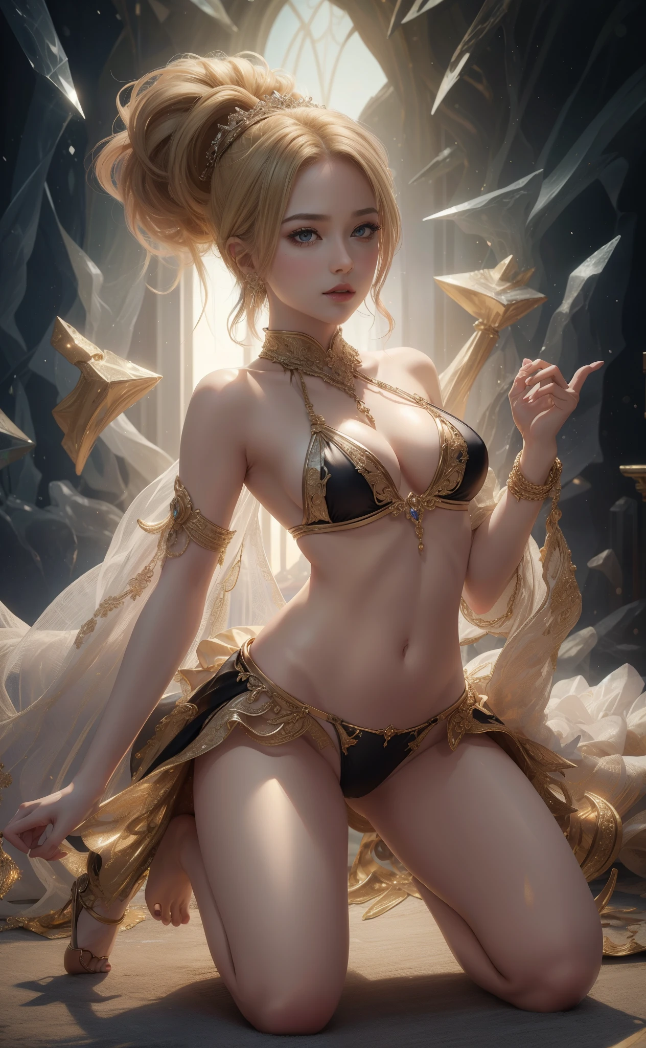 Close-up of people,tmasterpiece,Highest image quality,Noble exotic dance and graceful kneeling posture,Sophisticated black and blonde hairstyle,A dazzling array of exquisite jewelry. A dazzling array of exquisite jewelry.,Exotic bikini dance wear,kneel,torture position,The barefoot,Barefoot,Ultra-detailed details,advanced。At the Pixiv Art Station,Break your own power,The kinky is exposed,R-18G