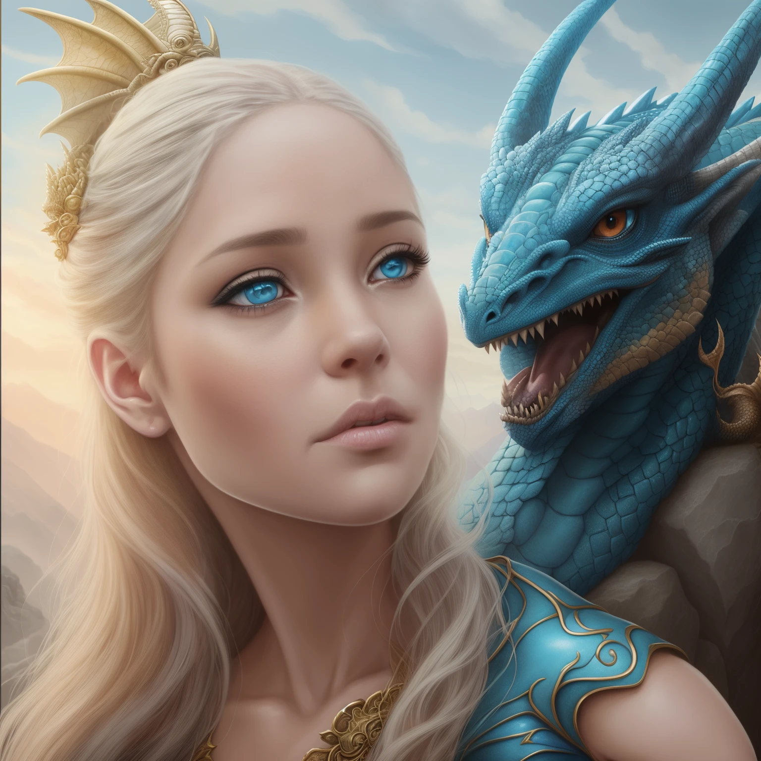 Painting of a blue-eyed girl, sitting on a stone, against the backdrop of a dragon., graphic artist magali villeneuve, magali villeneuve', inspired by Magali Villeneuve, magali villeneuve', 4k fantasy art, realistic fantasy illustration, dragon princess, epic fantasy art portrait, realistic fantasy artwork, the dragon girl portrait, hyperrealistic fantasy art