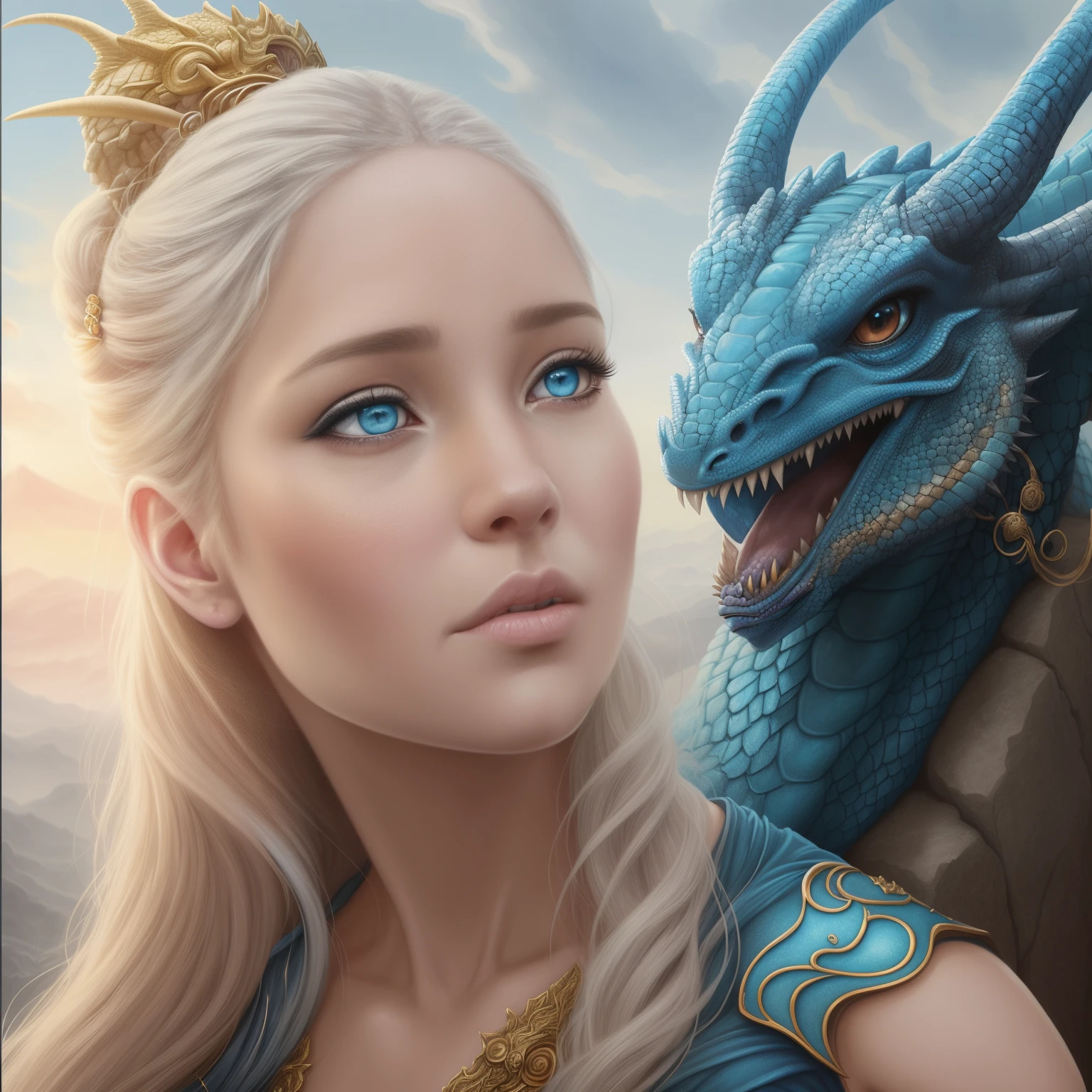 Painting of a blue-eyed girl, sitting on a stone, against the backdrop of a dragon., graphic artist magali villeneuve, magali villeneuve', inspired by Magali Villeneuve, magali villeneuve', 4k fantasy art, realistic fantasy illustration, dragon princess, epic fantasy art portrait, realistic fantasy artwork, the dragon girl portrait, hyperrealistic fantasy art