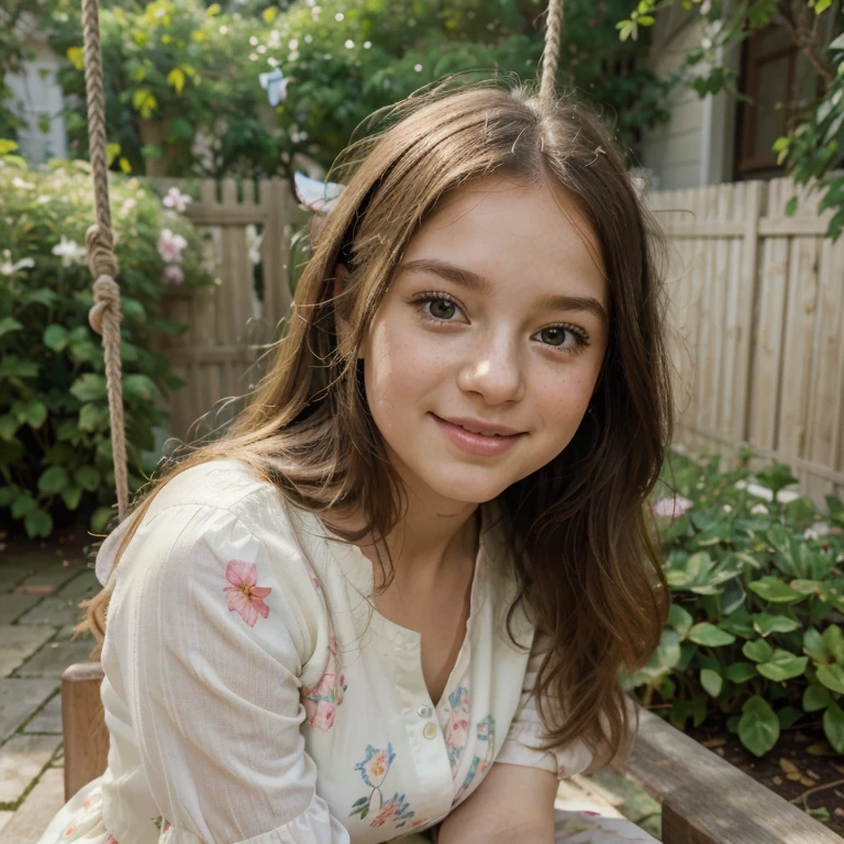 (best quality,4k,8k,highres,masterpiece:1.2),ultra-detailed,(realistic,photorealistic,photo-realistic:1.37),portrait,pastel colors,soft lighting,cute 10th standard girl,long hair,round and expressive eyes,rosy cheeks,tiny freckles,sweet smile,happy and innocent expression,girl wearing a floral dress,playful pose,sitting on a swing in a blooming garden,with butterflies flying around,background filled with colorful flowers and lush greenery,gentle breeze blowing,the scene radiates warmth and joy,medium:oil painting.