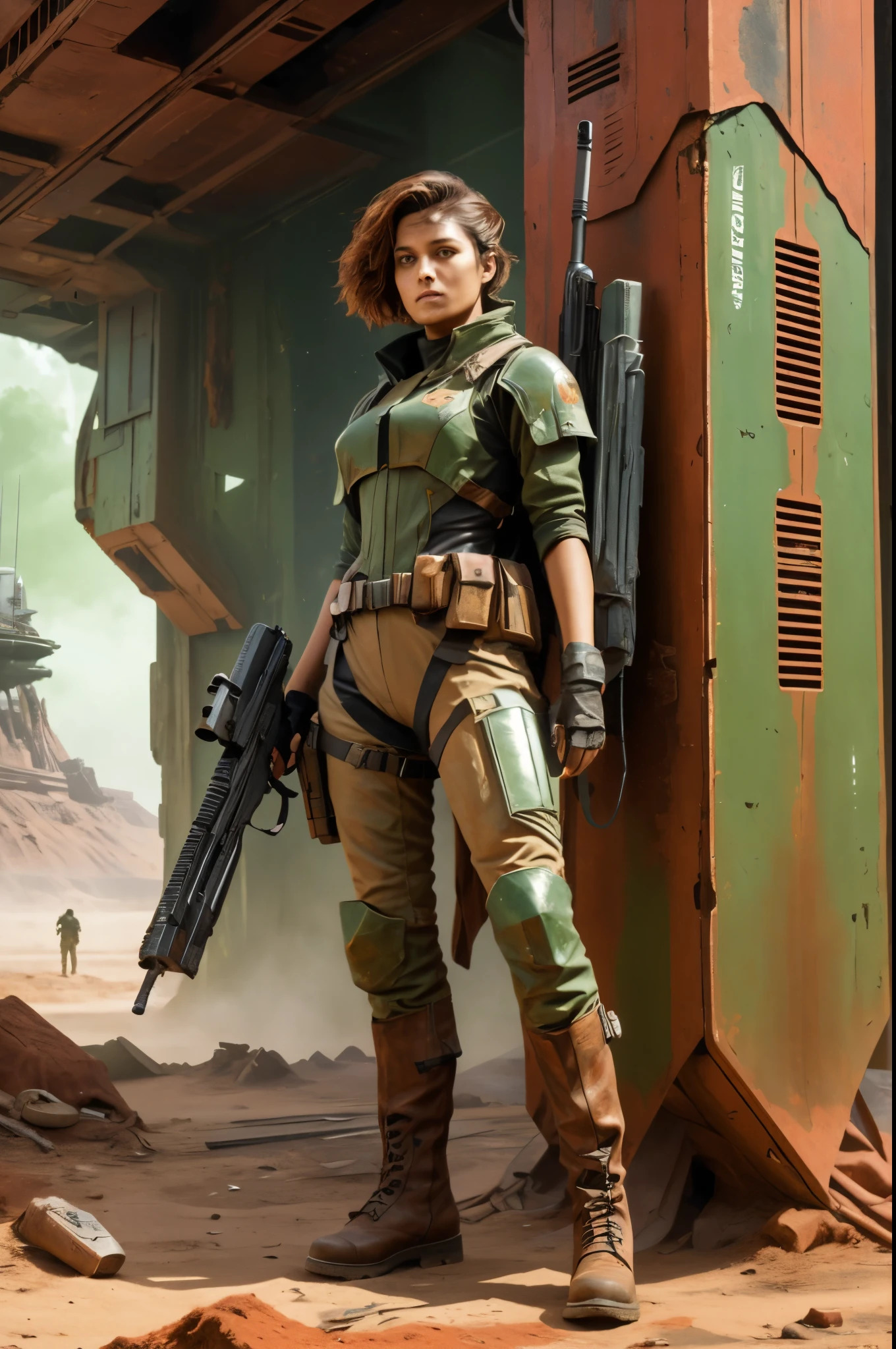 a dust covered Woman's last stand back up against the wall on a rusty distopian planet, red and rust colored structures, post apocoyps of a long dead advanced alien world war, wearying torn durty spacey uniform of leather browns tans and green military tan trecking boots, holding a large suffisticated looking worn futuristic space rifle also a small matching pistol and worn servival pack 64k resolution sci-fi dystopian world art style hyperdetailed impressionistic design,science fiction,more detail XL