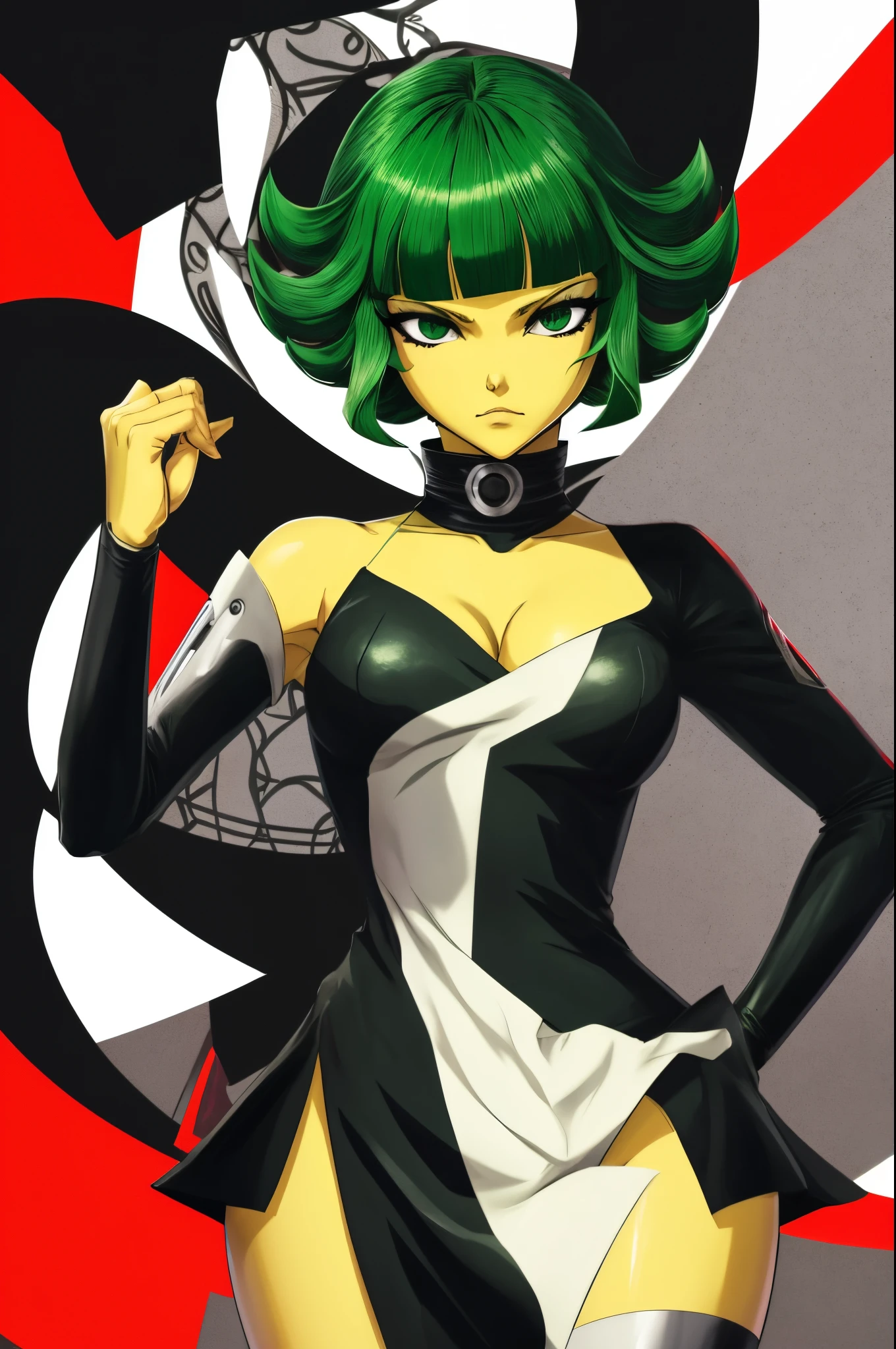 Chica anime con cabello verde y vestido negro con fondo rojo., Tatsumaki, Tatsumaki de One Punch Man, por Kentaro Miura, Estilo de arte de Persona 5, villainy, por Shinoda Shop, Esmeralda escarlata, persona 5 obra de arte, Estilo de masami kurumada, Tatsumaki con cabello verde rizado, Persona 5 Art Style Wlop