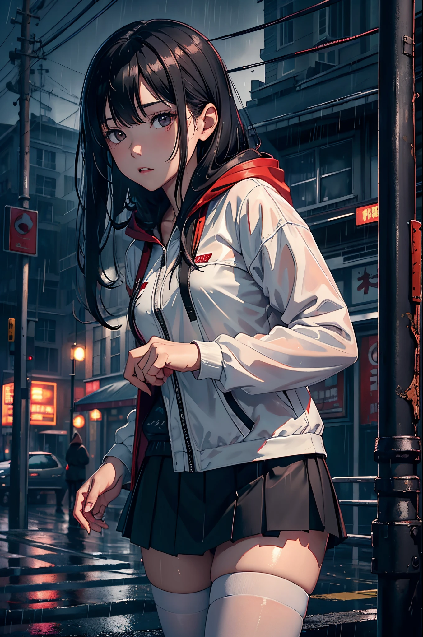 8K,tmasterpiece,Best quality,hyper-detailing,realistically,realistically,Extremely detailed face,电影灯光,电影灯光,ray traycing,unlit hair, On cloudy streets,Corner store,Bus stop,Buoggy and heavy rain,Girl with long black hair and black eyes.。She is wearing a red hooded jacket,White color blouse,Short black skirt and black garter belt,Clothes soaked by rain,Black exposure,depth of fieldtent ),Cinema lens lighting