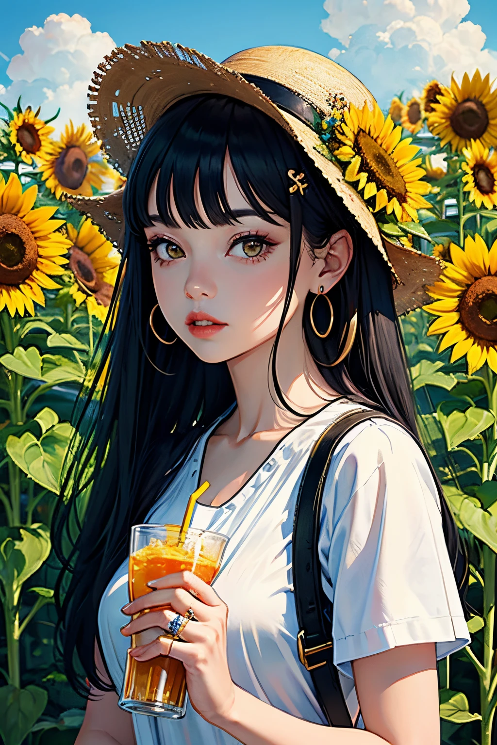 1girl, solo, sunflower, hat, hair ornament, jewelry, straw hat, looking at viewer, hat flower, drinking straw, hairclip, earrings, yellow flower, sunflower, bangs, yellow sunflower, black hair, ring, cup, long hair, food, portrait, sunflower hair ornament