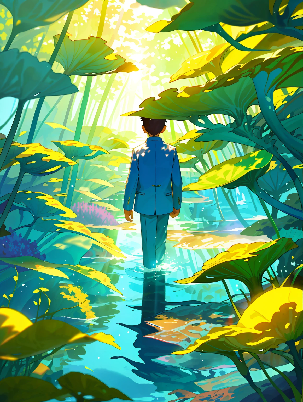 (masterpiece, best quality: 1.1), wide angle, from behind, a boy walks down a path underwater, in between tall kelps as the sun shines through the water lighting up the path and the trees a beautiful green