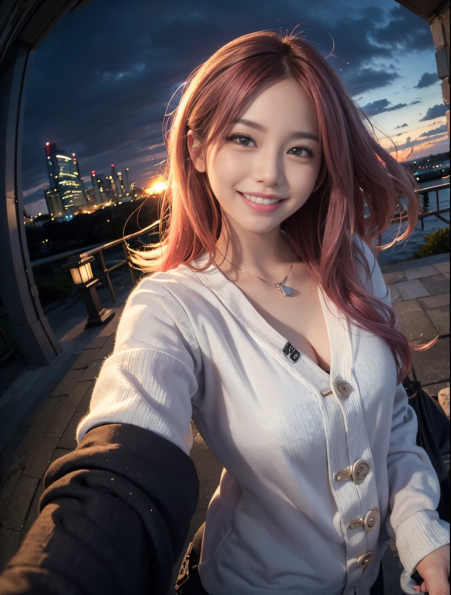 1girl in, ((Fisheye, Selfie)), Wind, hair messy, Sunset, Cityscape, (Aesthetics and atmosphere:1.2),Beautiful woman smiling、8K、An ultra-high picture quality、japanes、1 woman around 20 years old、pinkhair、Smiling、((smile with white teeth))、