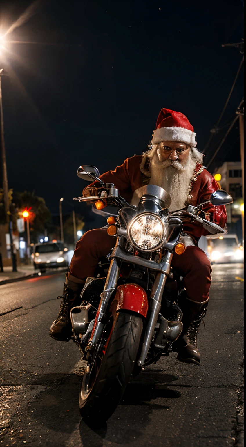 Santa Claus rockeiro utilizando uma jaqueta preta, um gorro vermelho e pilotando uma moto Harley. The asphalt is on fire.