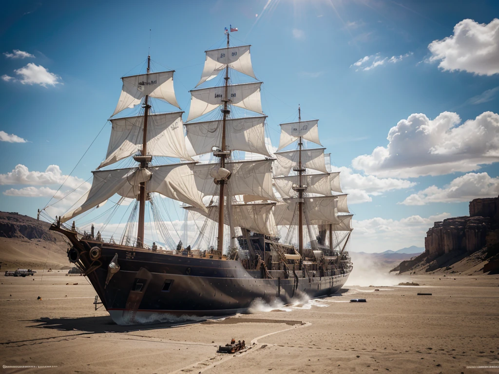 8k, photorealistic, high-quality, detailed, accurate representation, oft Lighting,High-sharpness, steam punk A four-masted sailing ship sailing ini a desert With wheels at the bottom and big airplane wings on the sides. The ship has a massiv cannon located at the bow, pointing forward. It has an exhaust pipe at the stern from which steam emerges, and a powerful gasoline engine also located at the stern.
