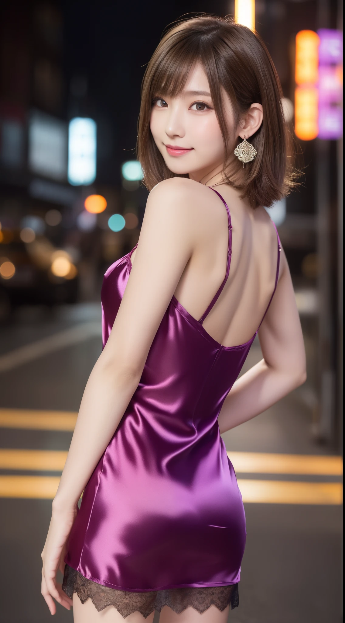 8K, masutepiece, Raw photo, Best Quality, Photorealistic, Highly detailed CG Unity 8k wallpaper, depth of fields, Cinematic Light, Lens Flare, Ray tracing, (Extremely beautiful face, Beautiful lips, Beautiful eyes), intricate detail face, ((Ultra detailed skin)) 1girl in, In the Dark, deepshadow, Pretty Korean girl, Flashy makeup with red eyeshadow,her shortcut, Delicate light brown hair is slightly disheveled with side waves.,wearing large ring earrings,Kpop Idol, 1 girl, (Very slim and slender fit muscular body:1.3), ((Looking at Viewer)),(Big smile:1.3), (sleeve fashion city night, a dark night, (Neon sign), (Blurred background), Fashion Street Night),(No people in the background:1.3), Beautiful earrings, Bracelets, Necklace, pantyhose, Clear eyes, Walking, (pale skin), (big eye ace forward, ((upperbody shot)), ((super mini color silk dress:1.3)),(Brown hairs),((tight fit lace dress)), (see through), (Looking at Viewer:1.3) opened breast, Very slim, medium breasts, backtrack,((Back shot)), see through, Medium Butt, Ultra mini skirt, updo hair, ((Spread thighs)),(Sexy pose with a little butt sticking out),