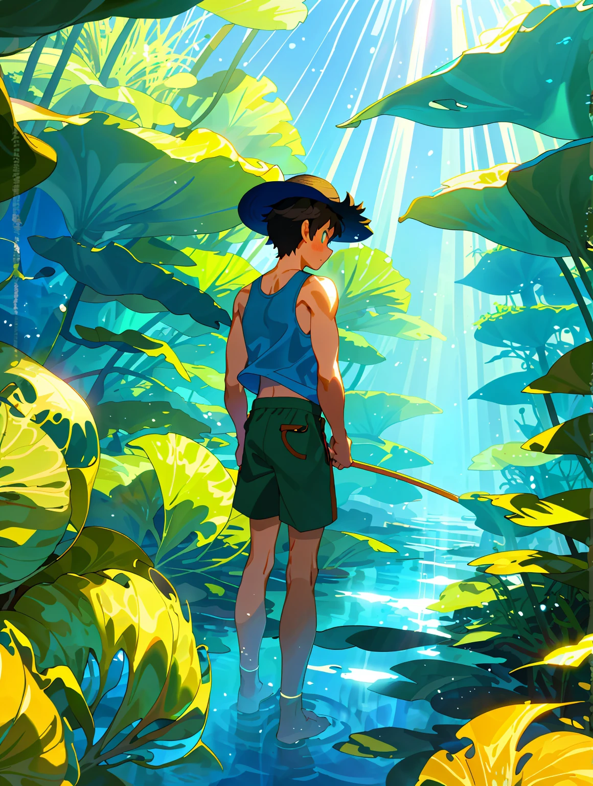 (masterpiece, best quality: 1.1), wide angle, from behind, a boy walks down a path underwater, in between tall kelps as the sun shines through the water lighting up the path and the trees a beautiful green, sees the water surface from below, boy wears blue stripe tank top and red shorts with a straw hat on his back