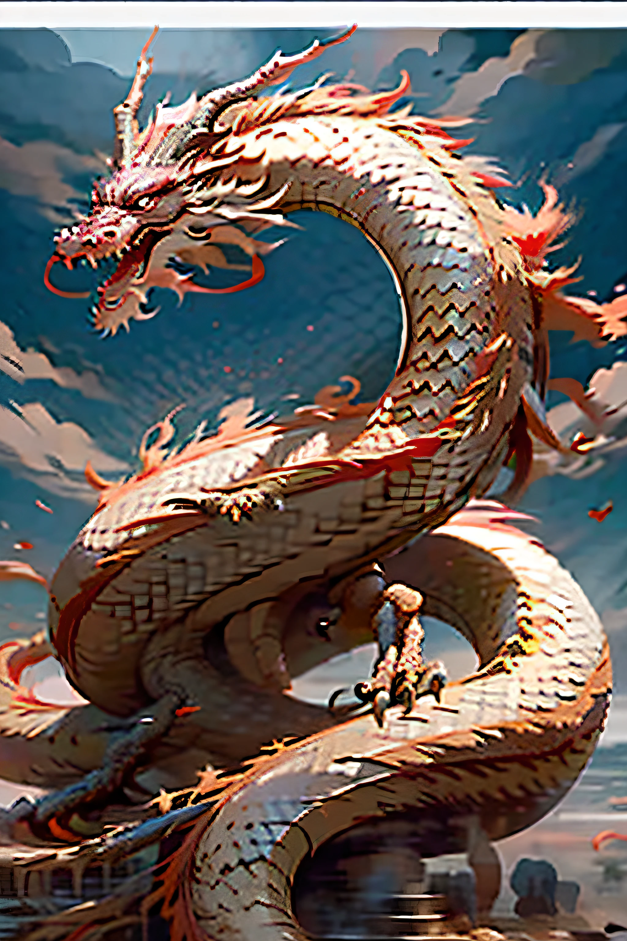 Best quality, masterpiece, ultra high res, (long: 1.5), sky, red eyes, scales, dark oriental dragon, open mouth, sharp teeth, flying, snake, teeth, day, claws, fangs, firework in the sky