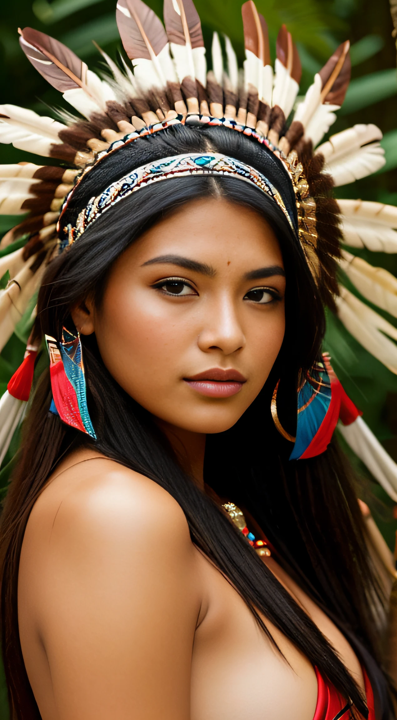A beautiful scantily clad indigenous woman, 25 years old, traditional native american clothing, wearing a headdress, cabelos pretos longos cacheados, rosto bonito, imagem de corpo inteiro, imagem alto detalhe, simetria, Arte de Fantasia