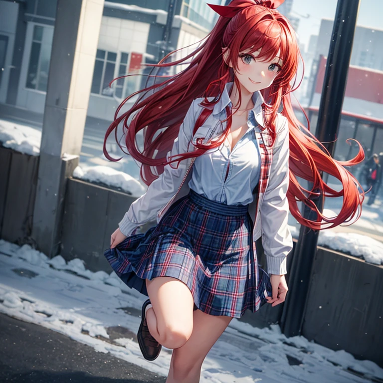 1girl in, Solo, Full body, Street, jumpping、are flying、Snow, Long hair, Red hair, Curly hair, Ponytail, button down, ((open white zipper jacket)), dark blue airou shirt)), ((Checked shirt)), ((Unbuttoned shirt)), ((Long skirt)), Smile, Looking at the viewer, Standing, Hair Ribbon、Dynamism