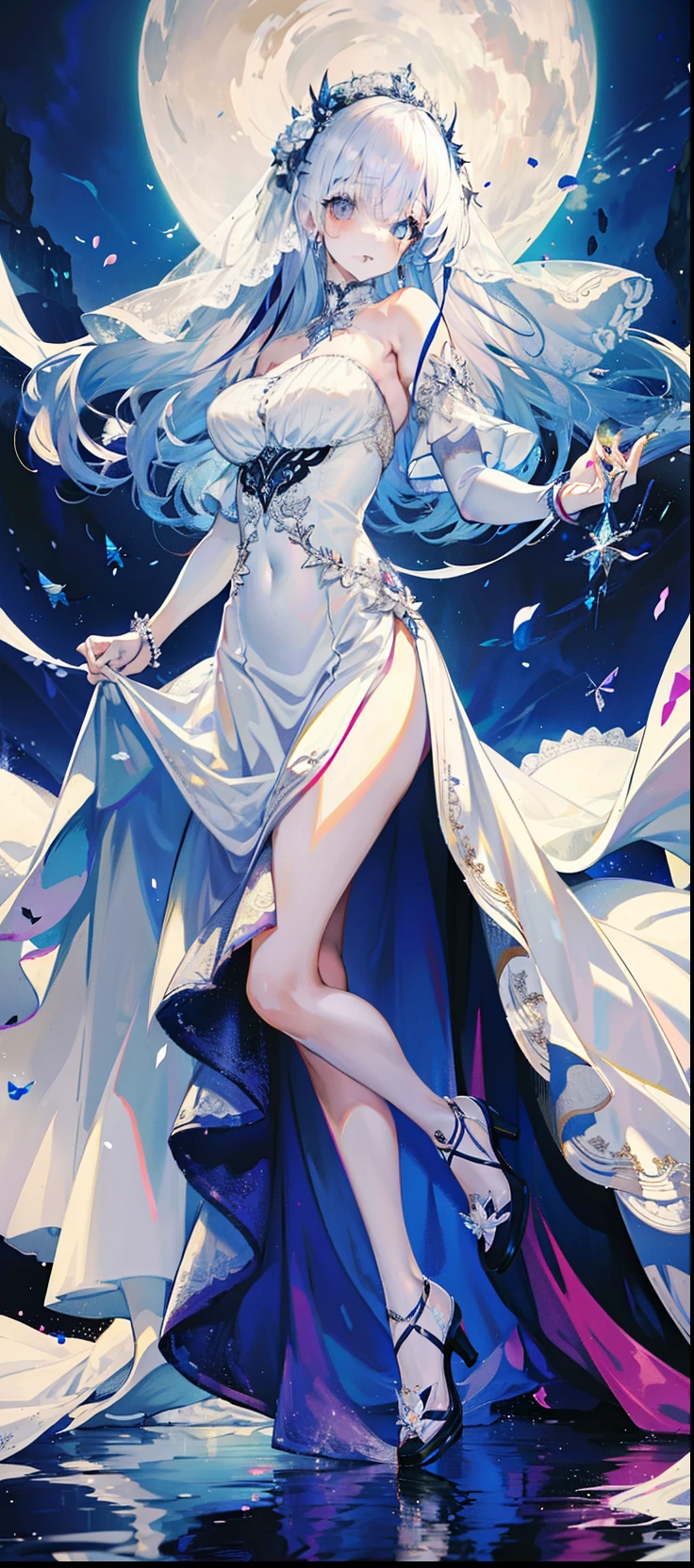 silber hair，butterflys，Long whit hair，white wedding dress，8k wallpaper，detailedbackground，Highest high resolution，Deep V Big，Hair covering one eye，Bandeau Wedding Dress，chies，White Rose，tight fitted，
