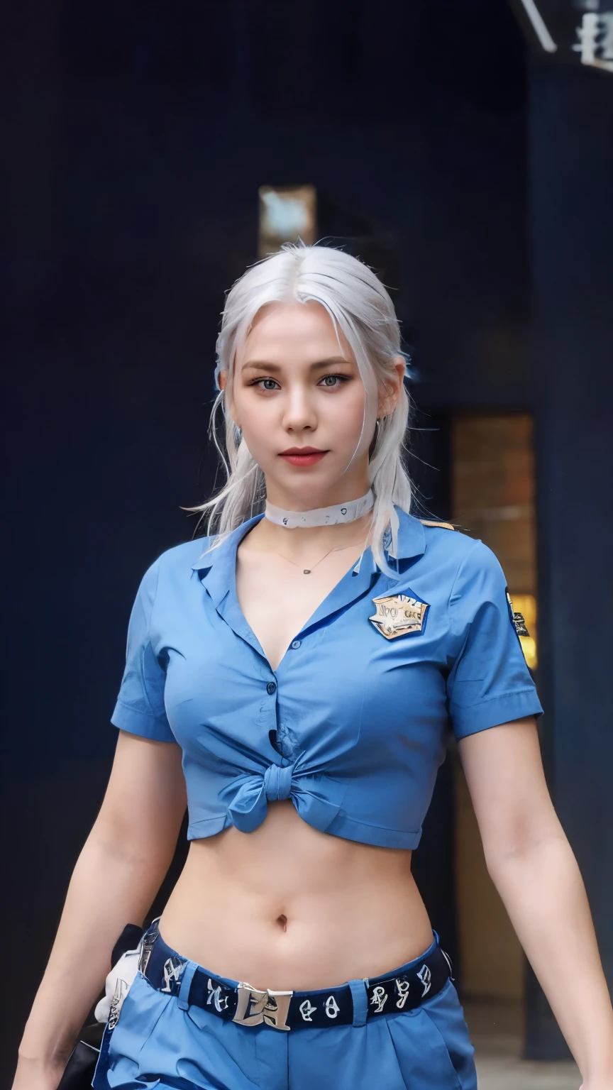woman with tied white hair, blue police uniform