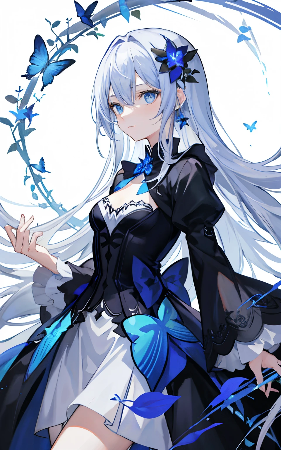 ((tmasterpiece:1.4,best qualtiy))+,(Hyper-detailing)+,(Ultra-detailed eyes)+,
(Elegant One Girl),blue color eyes:1.15),white color hair,Very long hair,(wariza:1.2),paleskin,Keep your mouth shut,grieves,
(She wore a dress made of intertwined blue vines:1.5),(flat-chest:1.2),(Vine dress:1.4),(Dresses made of vine:1.2),(surrounded by vines:1.4),
(be desperate:1.3),gotik,
(Blue vine:1.3),fronds,(vines tree:1.1),Flying Blue Butterfly
(dawn light:1.2),
(Heavy black and white:1.16),(depth of fields:1.4),