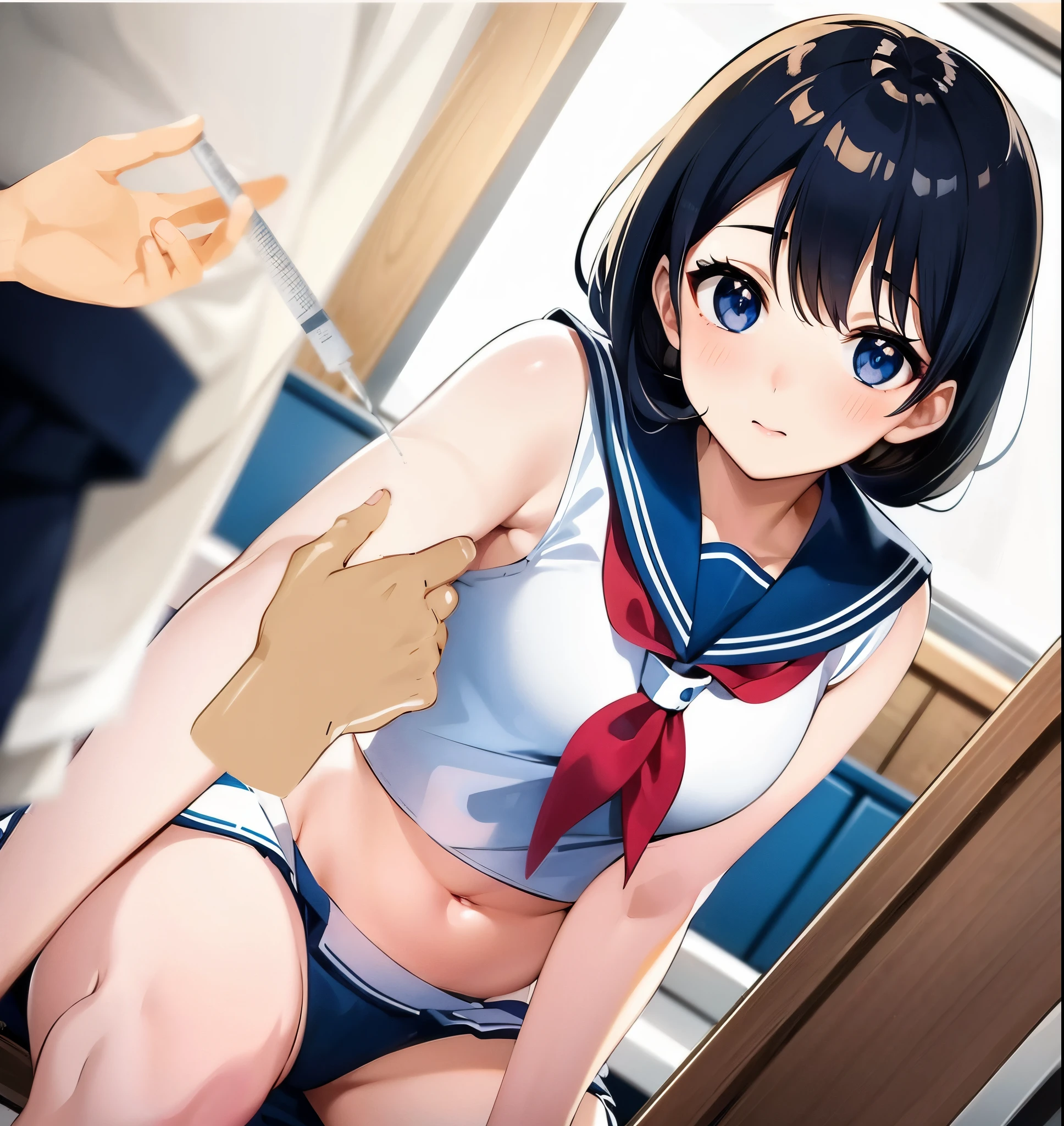 Anime girl in a sailor&#39;s uniform sitting on the bed、hand on the breasts, a hyperrealistic schoolgirl, nagatoro, Seductive Anime Girl, a hyperrealistic schoolgirl, Smooth Anime CG Art, Ecchi, Ecchi anime style, [ 4 k digital art ]!!, Realistic Young Gravure Idol, Realistic Schoolgirl, Gapmoe Yandere