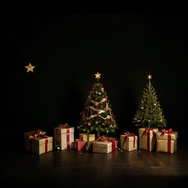 A black background with all manners of  festive materials in it including Christmas tree and teddy bear. No text