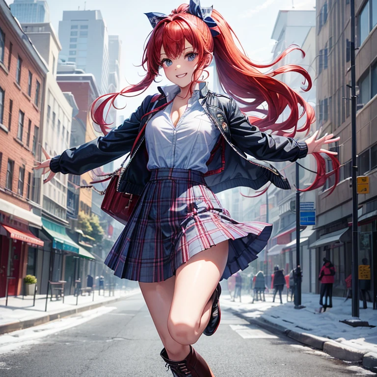 1girl in, Solo, Full body, Street, jumpping、are flying、Snow, Red hair, Curly hair, Ponytail, button down, ((open white zipper jacket)), dark blue airou shirt)), ((Checked shirt)), ((Unbuttoned shirt)), ((Long skirt)), tight skirts、long boots、Smile, Looking at the viewer, Standing, Hair Ribbon、Dynamism