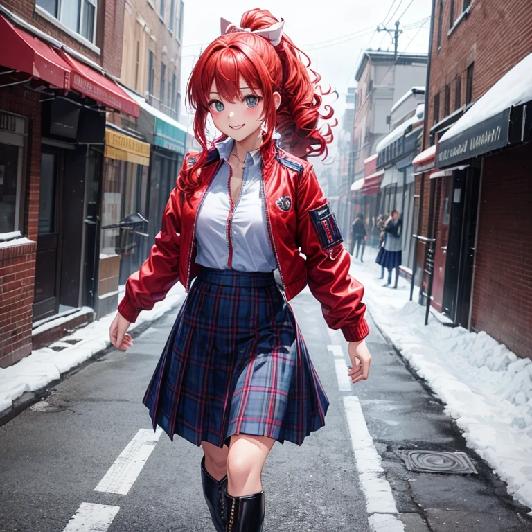 1girl in, Solo, Full body, Street, jumpping、are flying、Snow, Red hair, Curly hair, Ponytail, button down, ((open white zipper jacket)), dark blue airou shirt)), ((Checked shirt)), ((Unbuttoned shirt)), ((Long skirt)), tight skirts、long boots、Smile, Looking at the viewer, Standing, Hair Ribbon、Dynamism