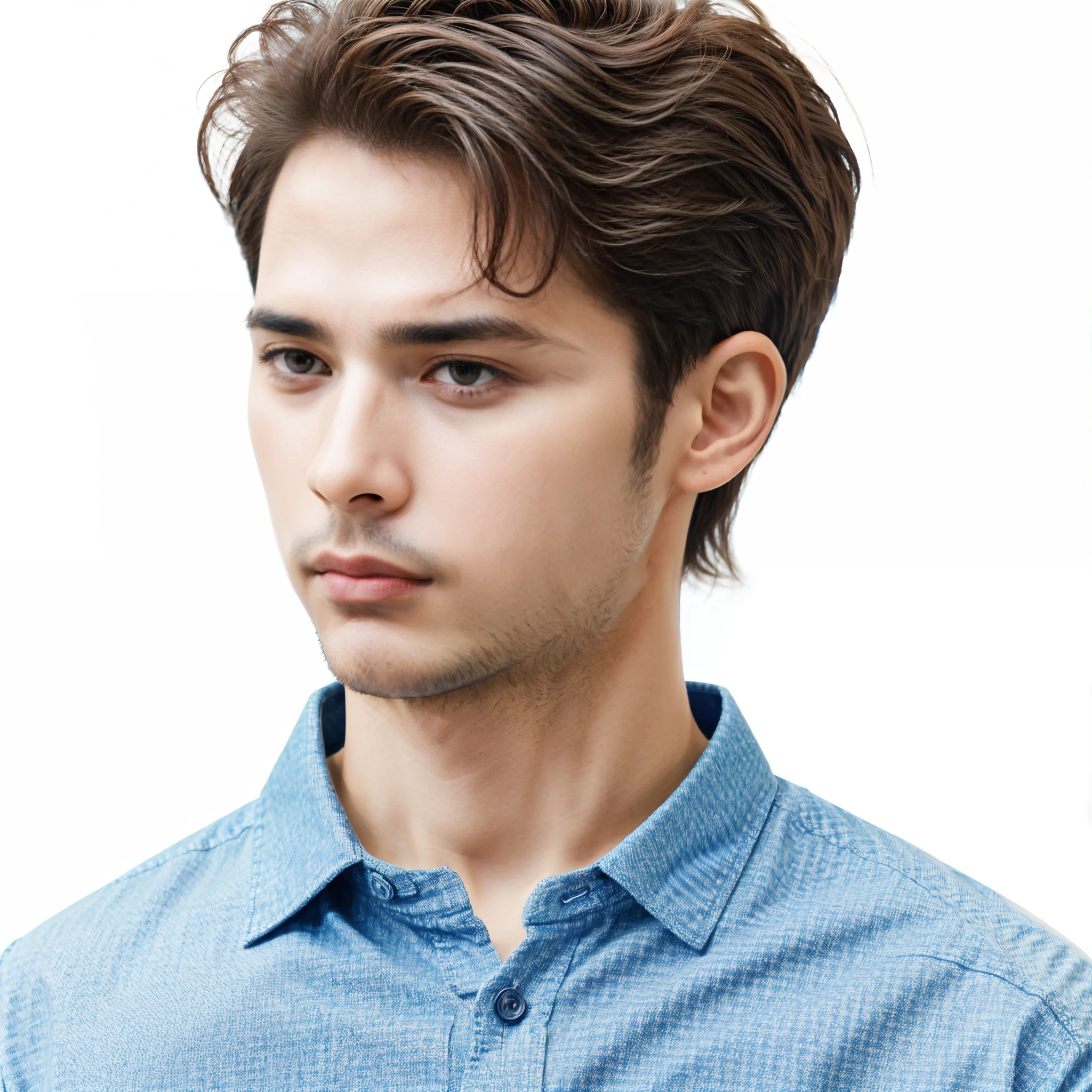Man in blue shirt looking at camera, 30 age old, The expression is serious