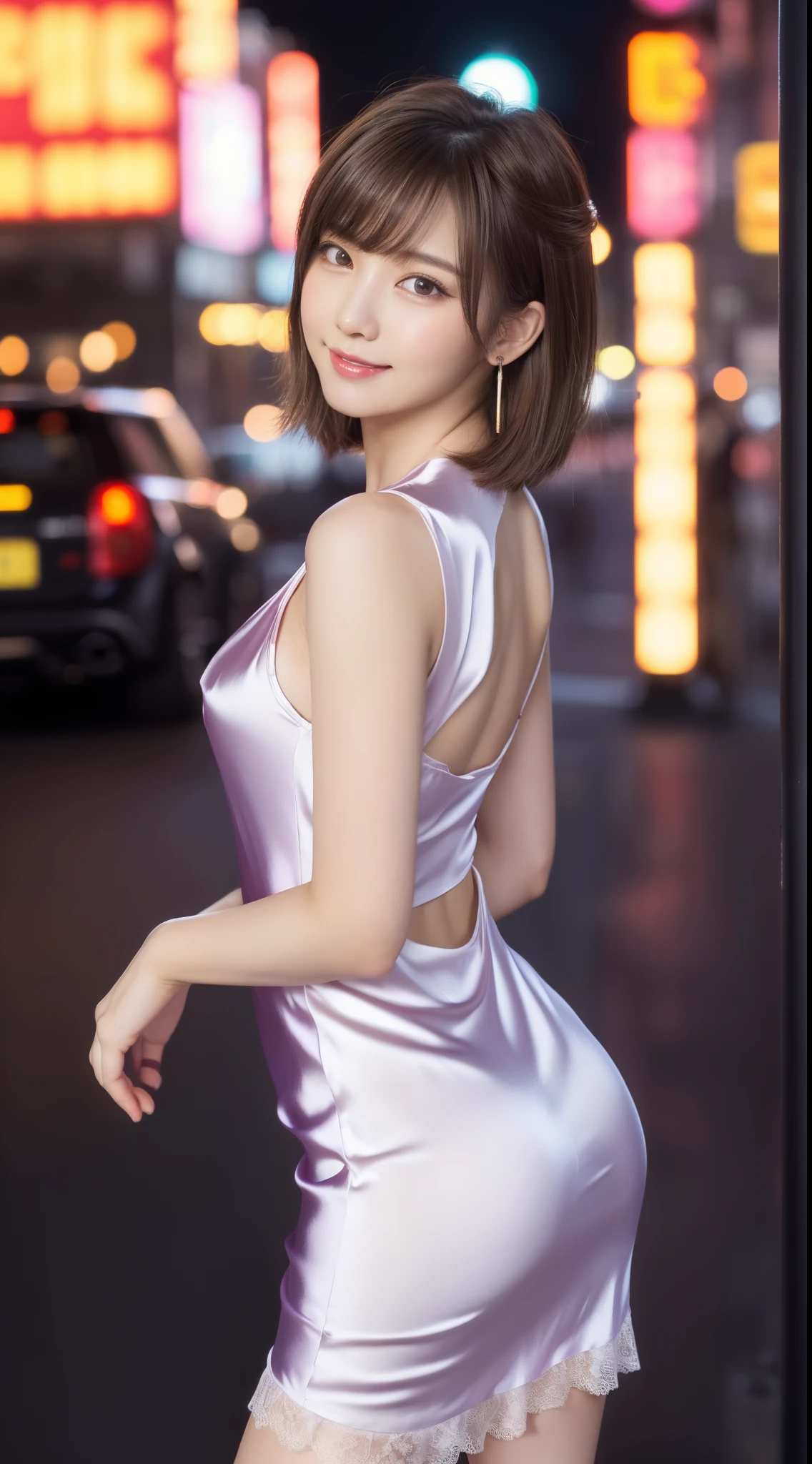 8K, masutepiece, Raw photo, Best Quality, Photorealistic, Highly detailed CG Unity 8k wallpaper, depth of fields, Cinematic Light, Lens Flare, Ray tracing, (Extremely beautiful face, Beautiful lips, Beautiful eyes), intricate detail face, ((Ultra detailed skin)) 1girl in, In the Dark, deepshadow, Pretty Korean girl, Flashy makeup with red eyeshadow,her shortcut, Delicate light brown hair is slightly disheveled with side waves.,wearing large ring earrings,Kpop Idol, 1 girl, (Very slim and slender fit muscular body:1.3), ((Looking at Viewer)),(Big smile:1.3), (sleeve fashion city night, a dark night, (Neon sign), (Blurred background), Fashion Street Night),(No people in the background:1.3), Beautiful earrings, Bracelets, Necklace, pantyhose, Clear eyes, Walking, (pale skin), (big eye ace forward, ((upperbody shot)), ((super mini color silk dress:1.3)),(Brown hairs),((tight fit lace dress)), (see through), (Looking at Viewer:1.3) opened breast, Very slim, medium breasts, backtrack,((Back shot)), see through, Medium Butt, Ultra mini skirt, updo hair, ((Spread thighs)),(Sexy pose with a little butt sticking out),