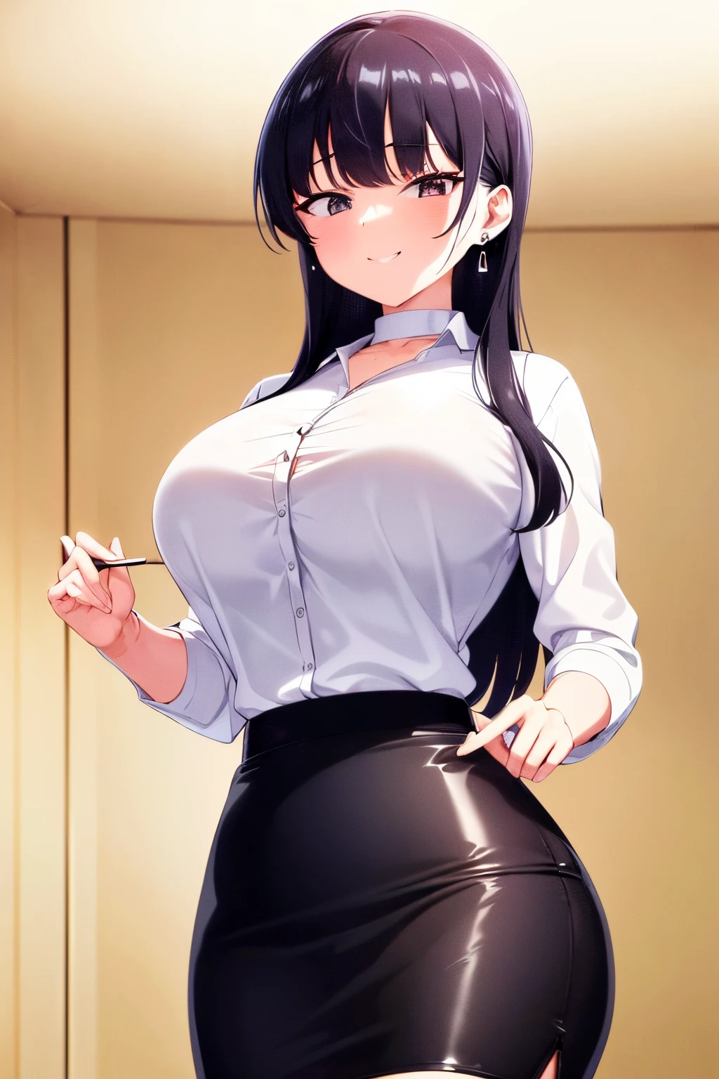 8k, highres, ultra detailed, (masterpiece:1.4), best quality, symmetrical body, (white shirt:1.4), (black pencil leather skirt:1.4), choker, cute, solo, earrings, long hair, dark purple hair, Brown eyes, glow effect, finely eye, grinning, wide smile, detailed face, looking at viewer, smilling at viewer, office, standing, angled view, big breasts, teasing, seductive look