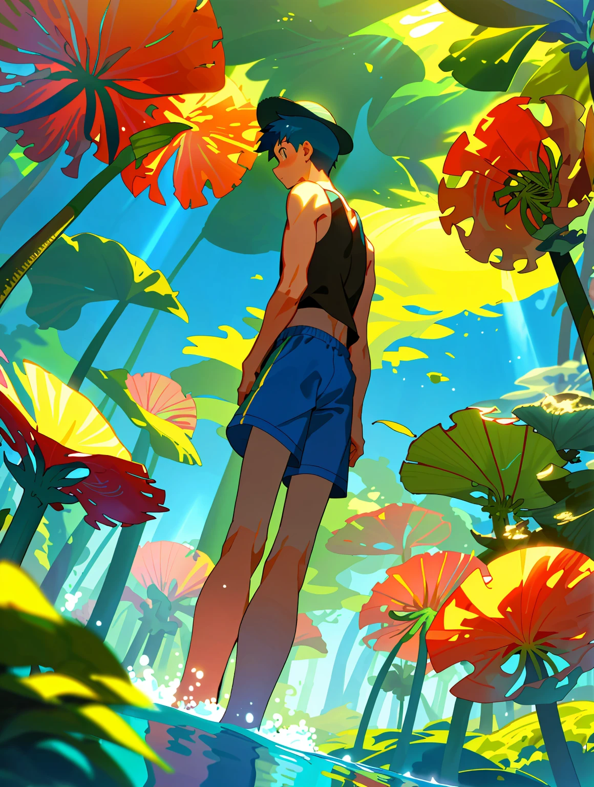 (masterpiece, best quality: 1.1), wide angle, from behind, a boy walks down a path underwater, in between tall kelps as the sun shines through the water lighting up the path and the trees a beautiful green, sees more of the water surface from below, boy wears red stripe tank top and blue poofy shorts with a straw hat on his back