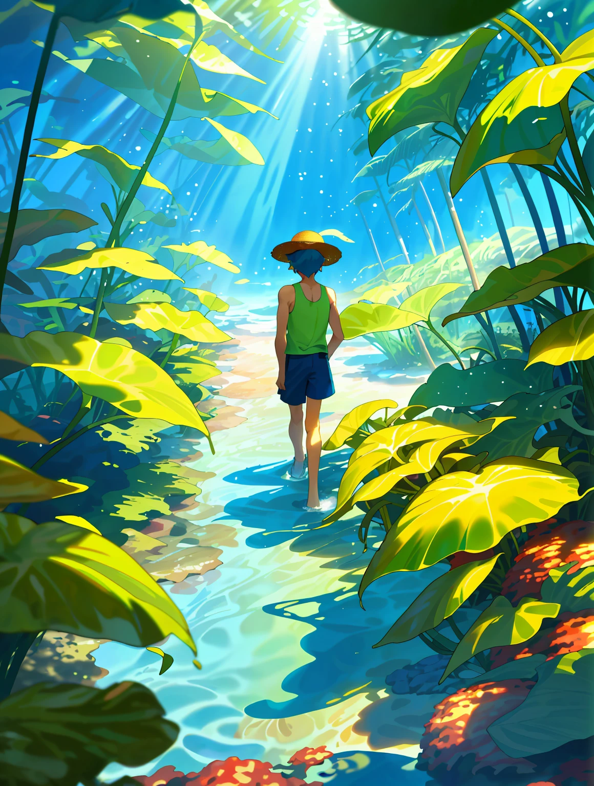 (masterpiece, best quality: 1.1), wide angle, from behind, a boy walks down a path underwater, in between tall kelps as the sun shines through the water lighting up the path and the trees a beautiful green, sees more of the water surface from below, boy wears red stripe tank top and blue poofy shorts with a straw hat on his back