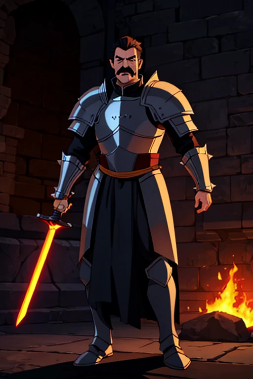 Make, spiky black hair, knights armor, mustache, dad body, fire sword, full body, high resolution, 4k, properly drawn face.