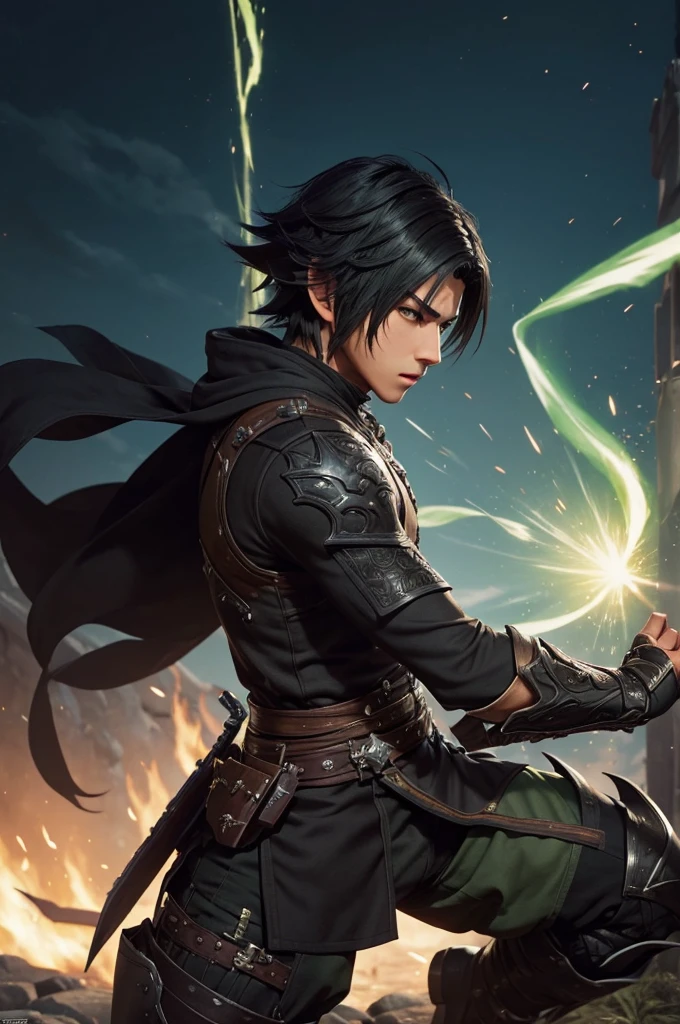 (((Only one character))), Profile, 1 boy, male, brownskin, black hair, green eyes, Kaeya Genshin Impact, Final Fantasy XIV, attack stance.