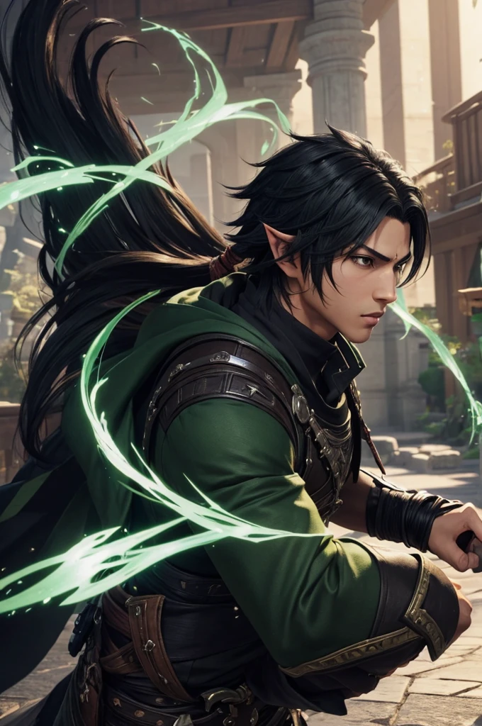 (((Only one character))), Profile, 1 boy, male, brownskin, black hair, green eyes, Kaeya Genshin Impact, Final Fantasy XIV, attack stance.