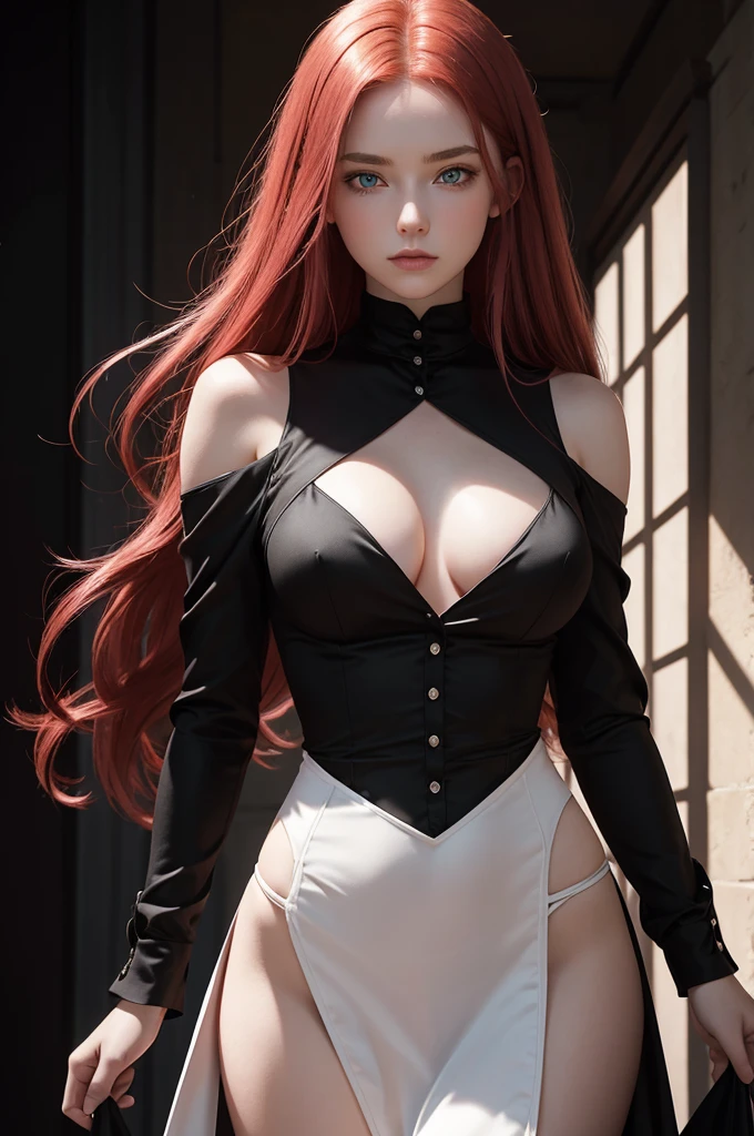 a 18 years old girl with long red hair, heterochromatic eyes, pale skin, flat chest, wearing a black dress paired with a crisp pink blouse, with a more elegant and sophisticated touch, something that matches her mysterious and strong personality. Overall, her appearance would be striking, attracting curious and intrigued looks, flat chested, cinematic lighting, chromatic aberration, backlighting, masterpiece, high details, high quality, 4K.