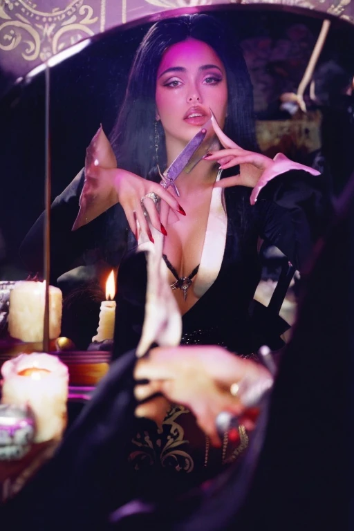 Hay una mujer Momo de Twice bella asiatica que se mira en el espejo, inspirado por Hedi Xandt, por Hedi Xandt, inspirado por David LaChapelle, Hermosa maga Stella Maeve, bruja pagando por sus pecados, Ellen von Unwerth, Salma Hayek como una hechicera, Dama seductora, Steven Klein, Megan Fox Reina Bruja Asiatica Linda