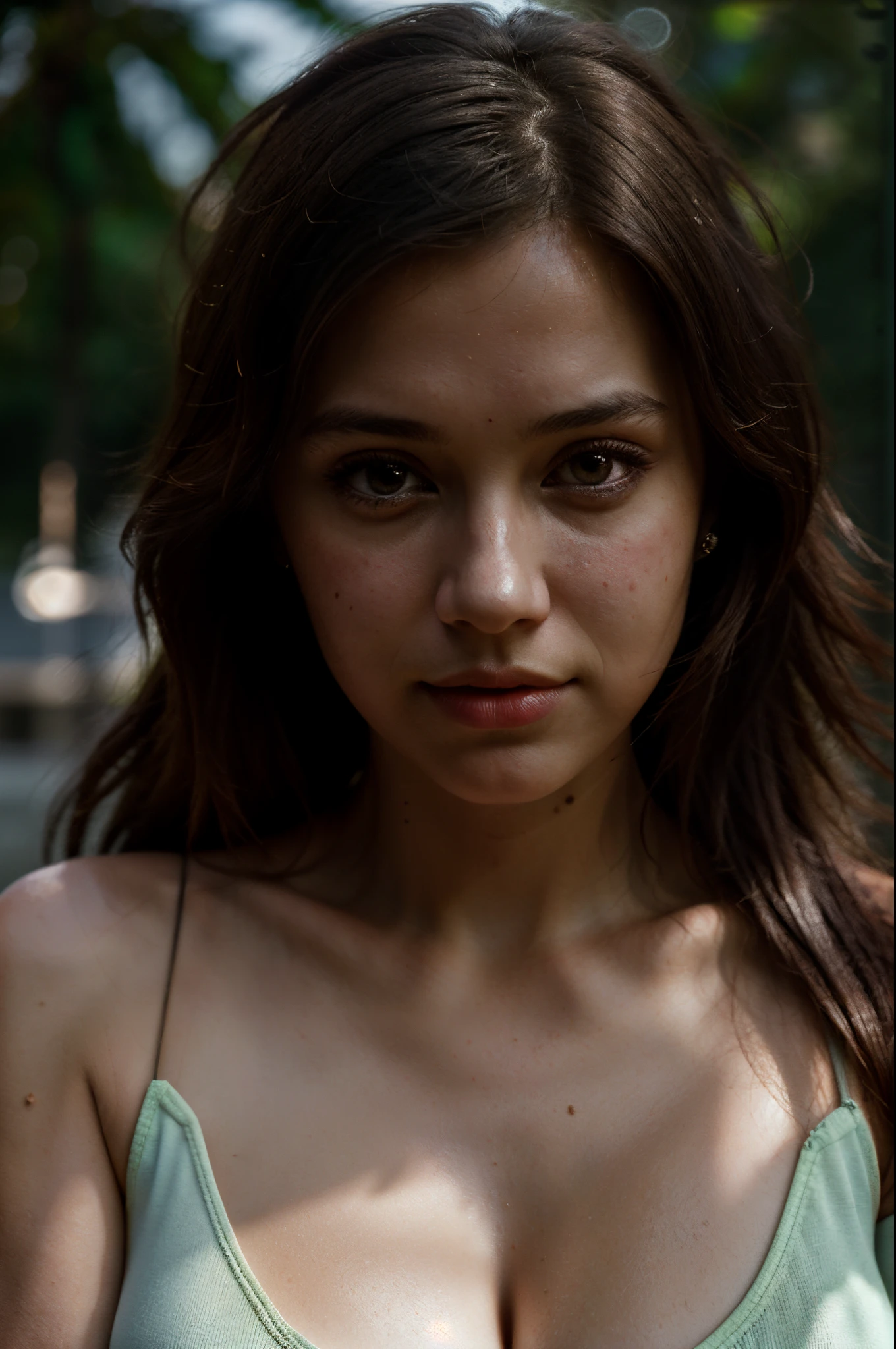 on the dirty bank, pale face and bloody lips, trying to get out of the abyss, dull greens and grays, Gloomy lighting, reflection of anxiety and tension, partially flooded forest and fog, grotesque shadows of distorted trees, interaction between the fragility of the female figure and the hostile nature. jeans, sophie mudd, thick neck, latina, angelawhite, violet myers, 22 years old, 21 years old, hazel eyes, italian, italian latina, Alycia Debnam-Carey,