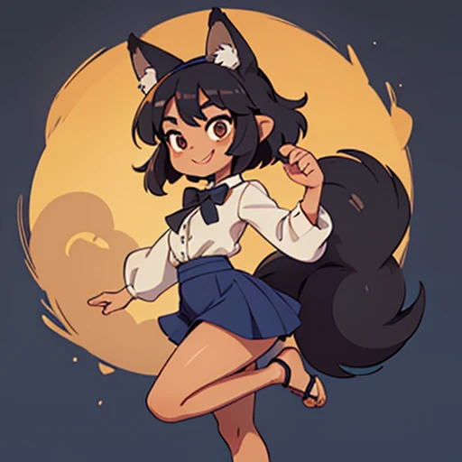 Kitsune, woman, shoulder length hair, black hair, black fox ears, cute face, brown eyes, big eyes, beautiful eyes, brown skin, adorable smile, petite body, small breasts, small waist, wide hips, large butt, thick thighs, small feet, black tail, fox tail, fluffy tail, large tail, royal blue skirt, royal blue bowtie, royal blue headband, white blouse, long sleeve blouse, button up blouse