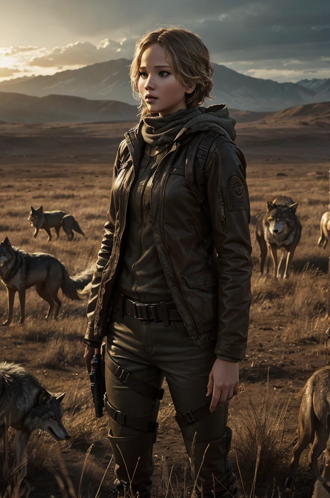 Jennifer Lawrence person in a dystopian field with rabid wolves behind him.