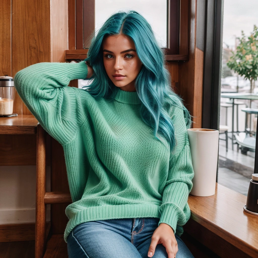 photo of beautiful woman with blue hair, wearing green sweater and Blue jeans, hair roots slightly faded, Italian, influencer, light freckles, brown eyes, no make up, Instagram, in a coffee shop sitting near window