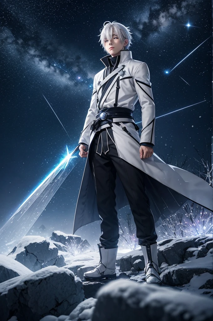 Japanese anime, boy, alone, silver white hair, white glass shards, crystallization, night sky, winter night, starry sky, shooting star crossing, solo, silence, rendering, best quality, masterpiece, full body, particle light effects, rendering