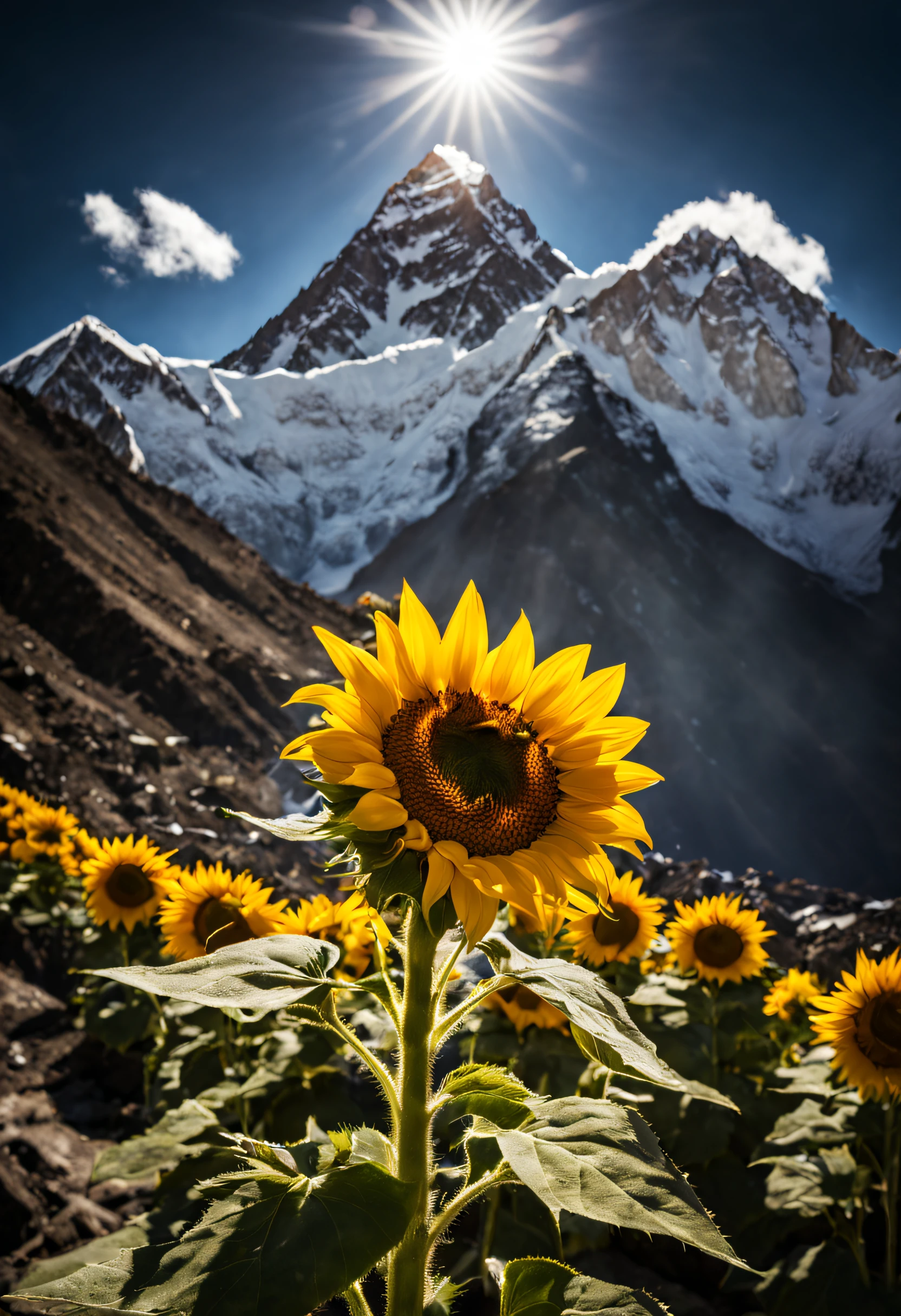 In a breathtaking juxtaposition of natural beauty and extreme terrain, a vibrant sunflower blooms at the summit of Mount Everest, defying the harsh conditions with its radiant petals. This awe-inspiring scene captures the resilience and tenacity of nature, as the sunflower stands as a symbol of hope and vitality in the most unlikely of places, god rays, glowing light, highres, best quality, high quality, 16k, masterpiece