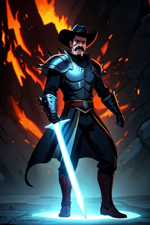 Male, spiky black hair, knights armor, mustache, dad body, fire sword, full body, high resolution, 4k, properly drawn face, cowboy hat.